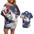 Personalized Sydney Roosters Rugby Couples Matching Off Shoulder Short Dress and Hawaiian Shirt Rooster Mascot - Sporty Splash Art Style
