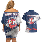 Personalized Sydney Roosters Rugby Couples Matching Off Shoulder Short Dress and Hawaiian Shirt Rooster Mascot - Sporty Splash Art Style