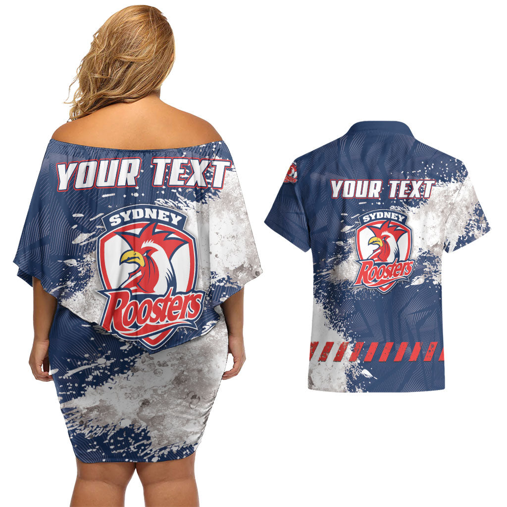 Personalized Sydney Roosters Rugby Couples Matching Off Shoulder Short Dress and Hawaiian Shirt Rooster Mascot - Sporty Splash Art Style