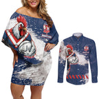 Personalized Sydney Roosters Rugby Couples Matching Off Shoulder Short Dress and Long Sleeve Button Shirt Rooster Mascot - Sporty Splash Art Style