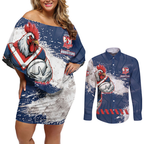 Personalized Sydney Roosters Rugby Couples Matching Off Shoulder Short Dress and Long Sleeve Button Shirt Rooster Mascot - Sporty Splash Art Style