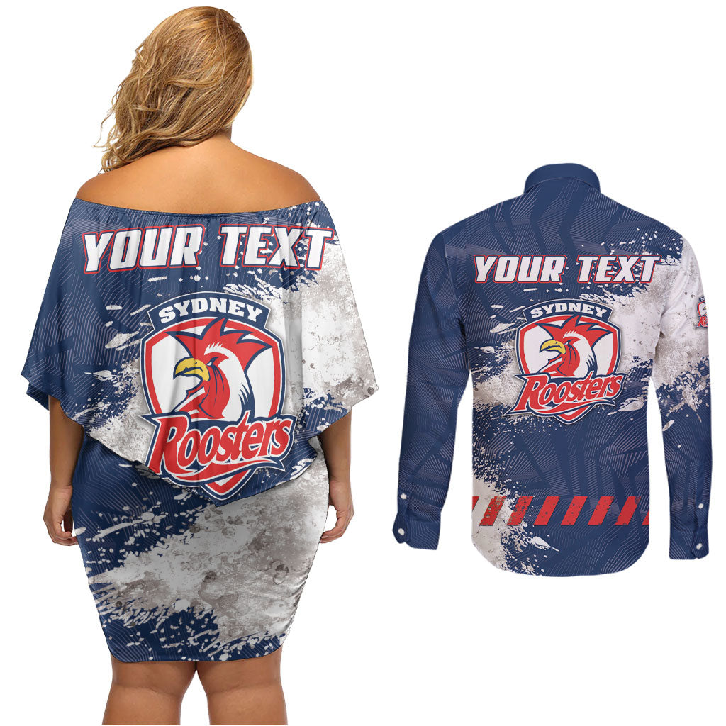 Personalized Sydney Roosters Rugby Couples Matching Off Shoulder Short Dress and Long Sleeve Button Shirt Rooster Mascot - Sporty Splash Art Style