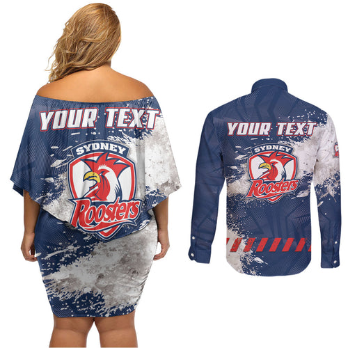 Personalized Sydney Roosters Rugby Couples Matching Off Shoulder Short Dress and Long Sleeve Button Shirt Rooster Mascot - Sporty Splash Art Style