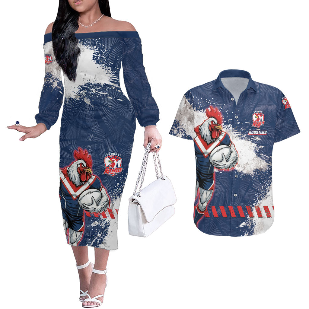 Personalized Sydney Roosters Rugby Couples Matching Off The Shoulder Long Sleeve Dress and Hawaiian Shirt Rooster Mascot - Sporty Splash Art Style
