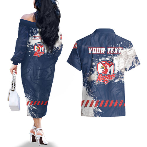 Personalized Sydney Roosters Rugby Couples Matching Off The Shoulder Long Sleeve Dress and Hawaiian Shirt Rooster Mascot - Sporty Splash Art Style
