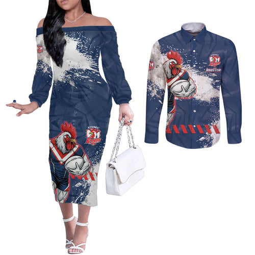 Personalized Sydney Roosters Rugby Couples Matching Off The Shoulder Long Sleeve Dress and Long Sleeve Button Shirt Rooster Mascot - Sporty Splash Art Style