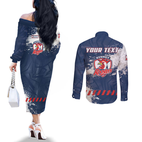 Personalized Sydney Roosters Rugby Couples Matching Off The Shoulder Long Sleeve Dress and Long Sleeve Button Shirt Rooster Mascot - Sporty Splash Art Style