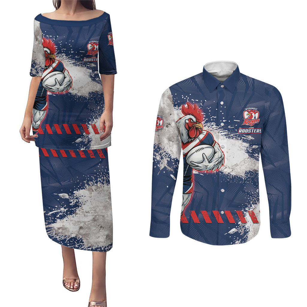 Personalized Sydney Roosters Rugby Couples Matching Puletasi and Long Sleeve Button Shirt Rooster Mascot - Sporty Splash Art Style