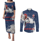 Personalized Sydney Roosters Rugby Couples Matching Puletasi and Long Sleeve Button Shirt Rooster Mascot - Sporty Splash Art Style