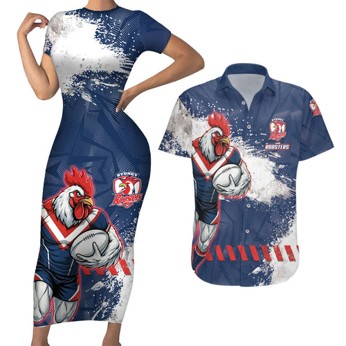 Personalized Sydney Roosters Rugby Couples Matching Short Sleeve Bodycon Dress and Hawaiian Shirt Rooster Mascot - Sporty Splash Art Style