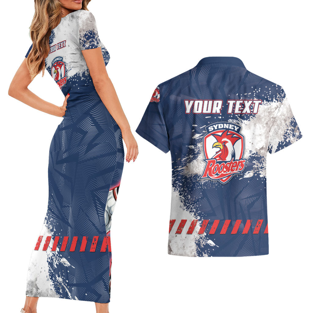Personalized Sydney Roosters Rugby Couples Matching Short Sleeve Bodycon Dress and Hawaiian Shirt Rooster Mascot - Sporty Splash Art Style