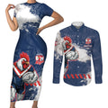 Personalized Sydney Roosters Rugby Couples Matching Short Sleeve Bodycon Dress and Long Sleeve Button Shirt Rooster Mascot - Sporty Splash Art Style