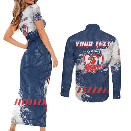Personalized Sydney Roosters Rugby Couples Matching Short Sleeve Bodycon Dress and Long Sleeve Button Shirt Rooster Mascot - Sporty Splash Art Style