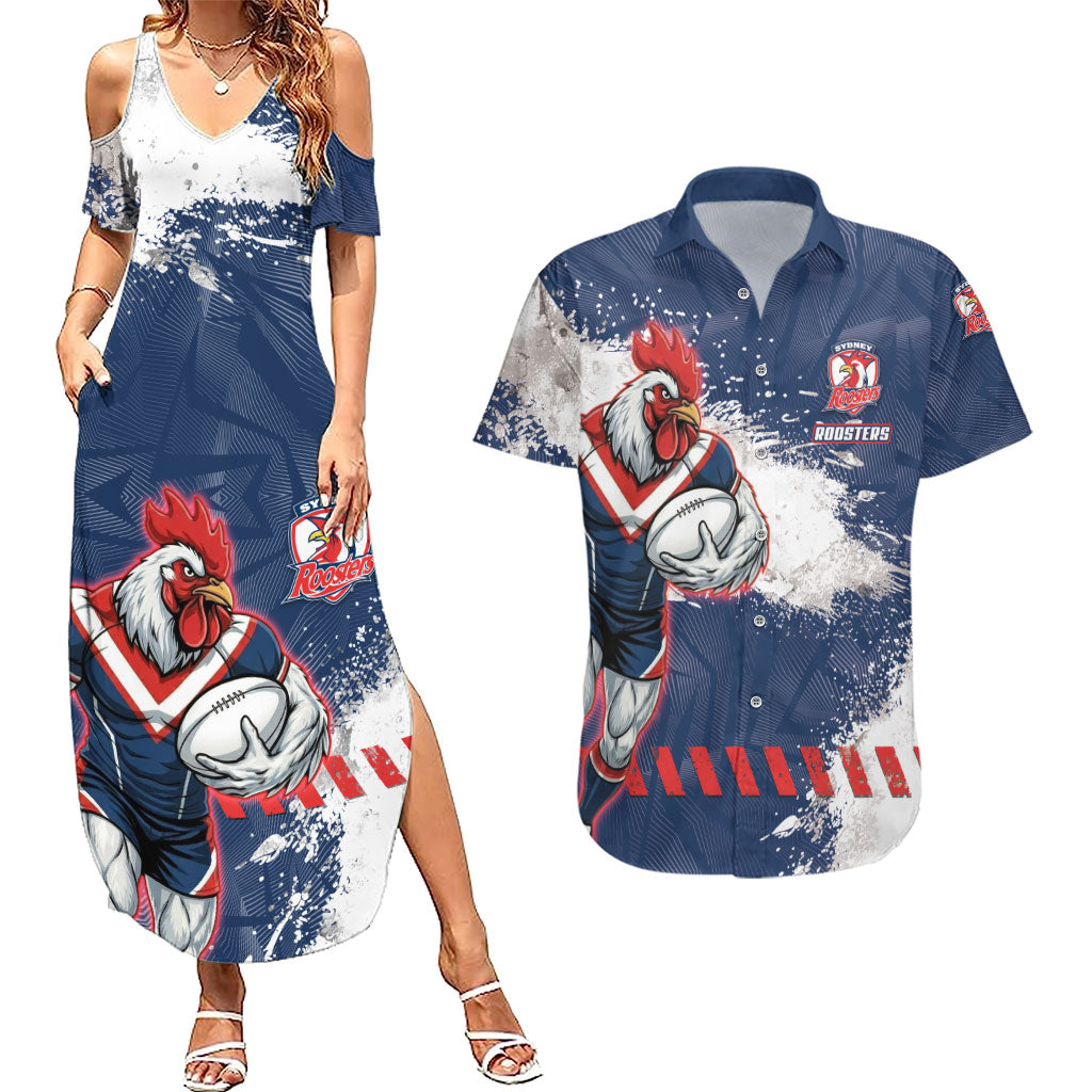 Personalized Sydney Roosters Rugby Couples Matching Summer Maxi Dress and Hawaiian Shirt Rooster Mascot - Sporty Splash Art Style