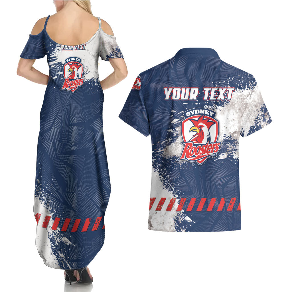 Personalized Sydney Roosters Rugby Couples Matching Summer Maxi Dress and Hawaiian Shirt Rooster Mascot - Sporty Splash Art Style