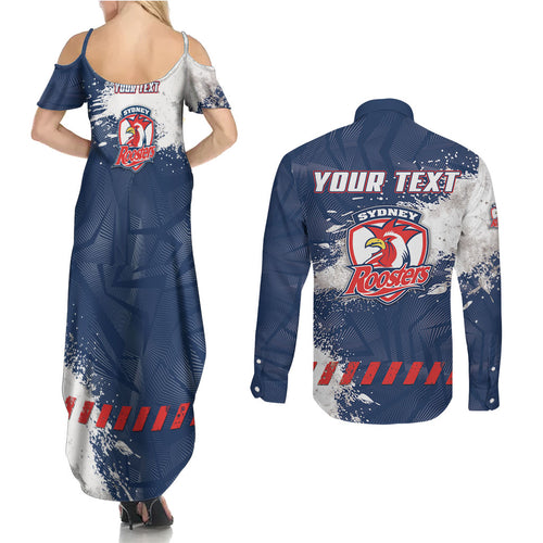 Personalized Sydney Roosters Rugby Couples Matching Summer Maxi Dress and Long Sleeve Button Shirt Rooster Mascot - Sporty Splash Art Style