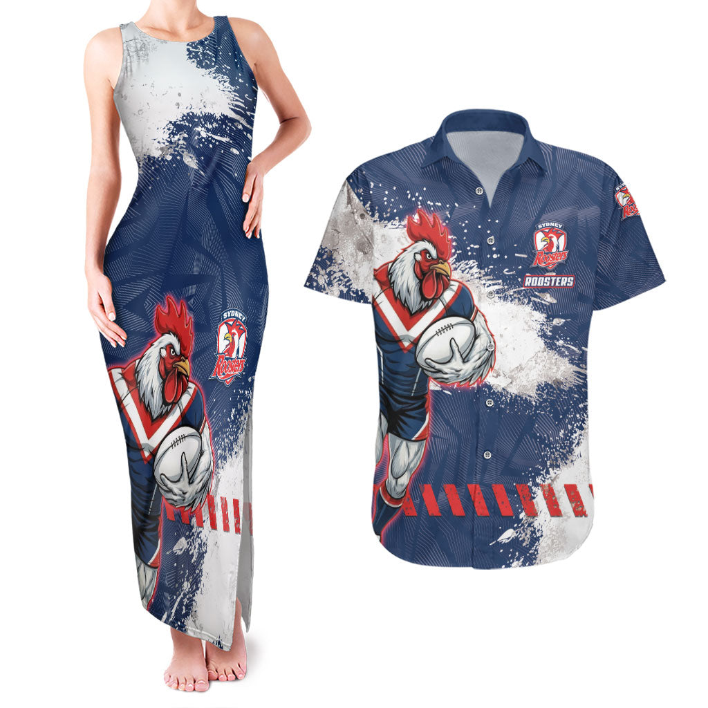 Personalized Sydney Roosters Rugby Couples Matching Tank Maxi Dress and Hawaiian Shirt Rooster Mascot - Sporty Splash Art Style