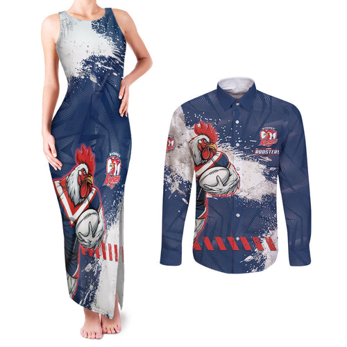 Personalized Sydney Roosters Rugby Couples Matching Tank Maxi Dress and Long Sleeve Button Shirt Rooster Mascot - Sporty Splash Art Style