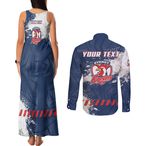 Personalized Sydney Roosters Rugby Couples Matching Tank Maxi Dress and Long Sleeve Button Shirt Rooster Mascot - Sporty Splash Art Style