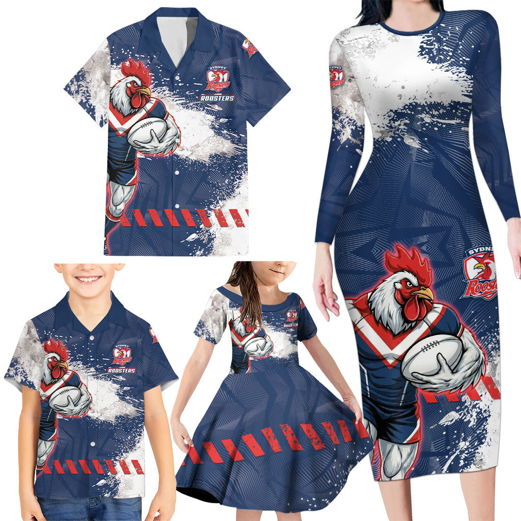 Personalized Sydney Roosters Rugby Family Matching Long Sleeve Bodycon Dress and Hawaiian Shirt Rooster Mascot - Sporty Splash Art Style