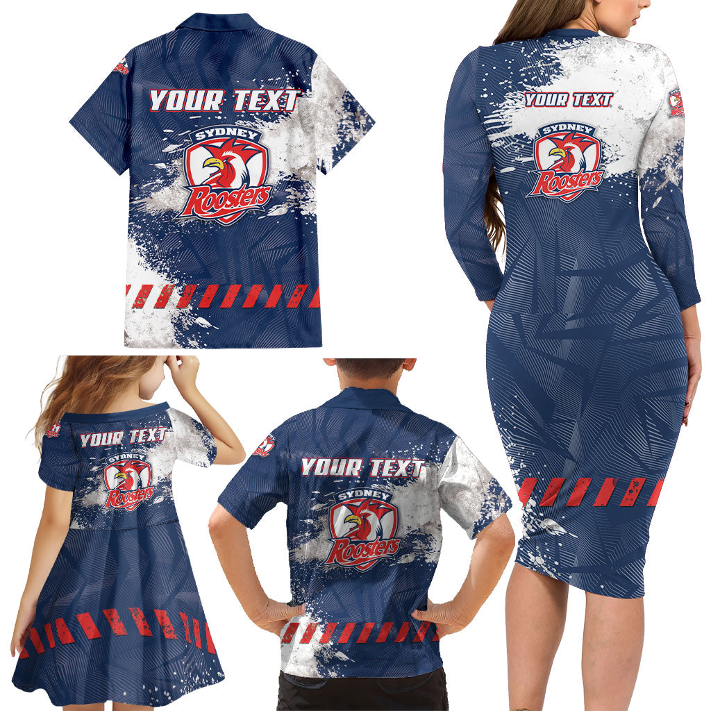 Personalized Sydney Roosters Rugby Family Matching Long Sleeve Bodycon Dress and Hawaiian Shirt Rooster Mascot - Sporty Splash Art Style