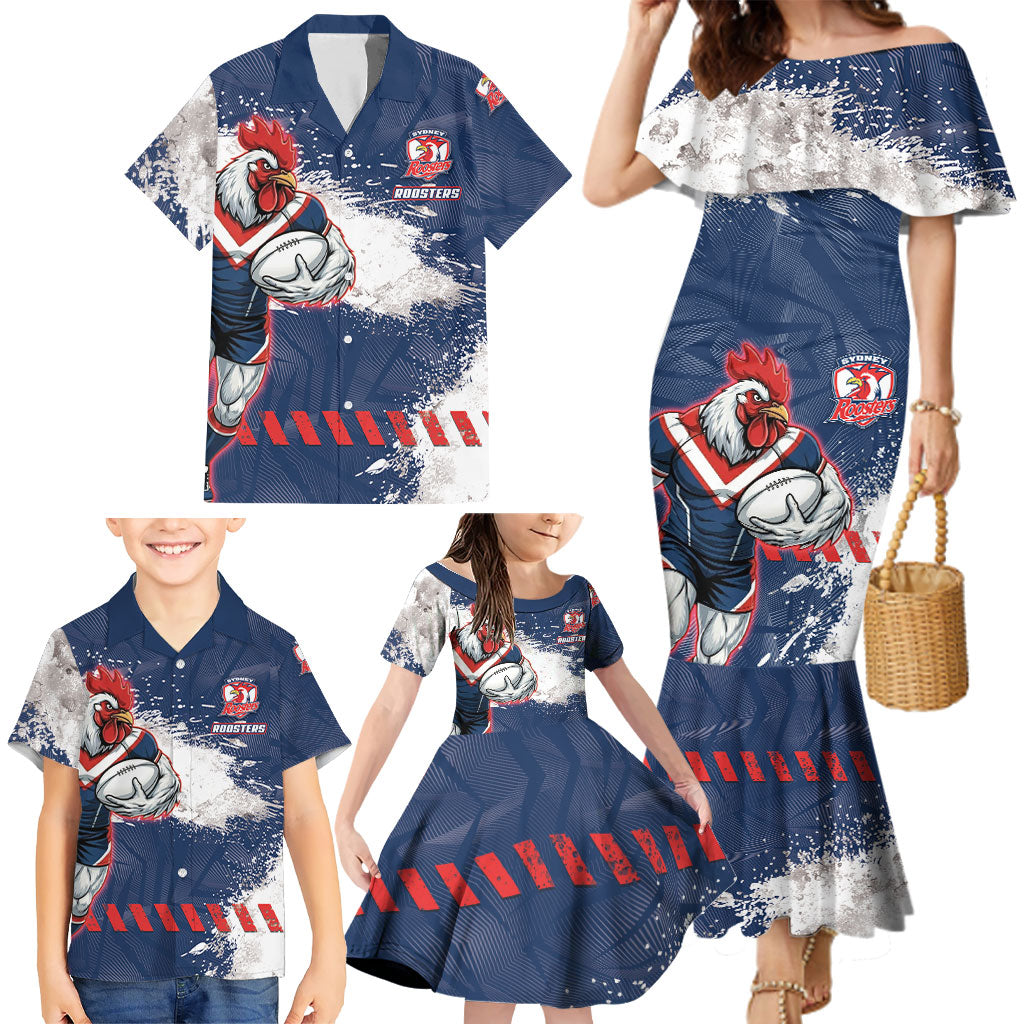 Personalized Sydney Roosters Rugby Family Matching Mermaid Dress and Hawaiian Shirt Rooster Mascot - Sporty Splash Art Style