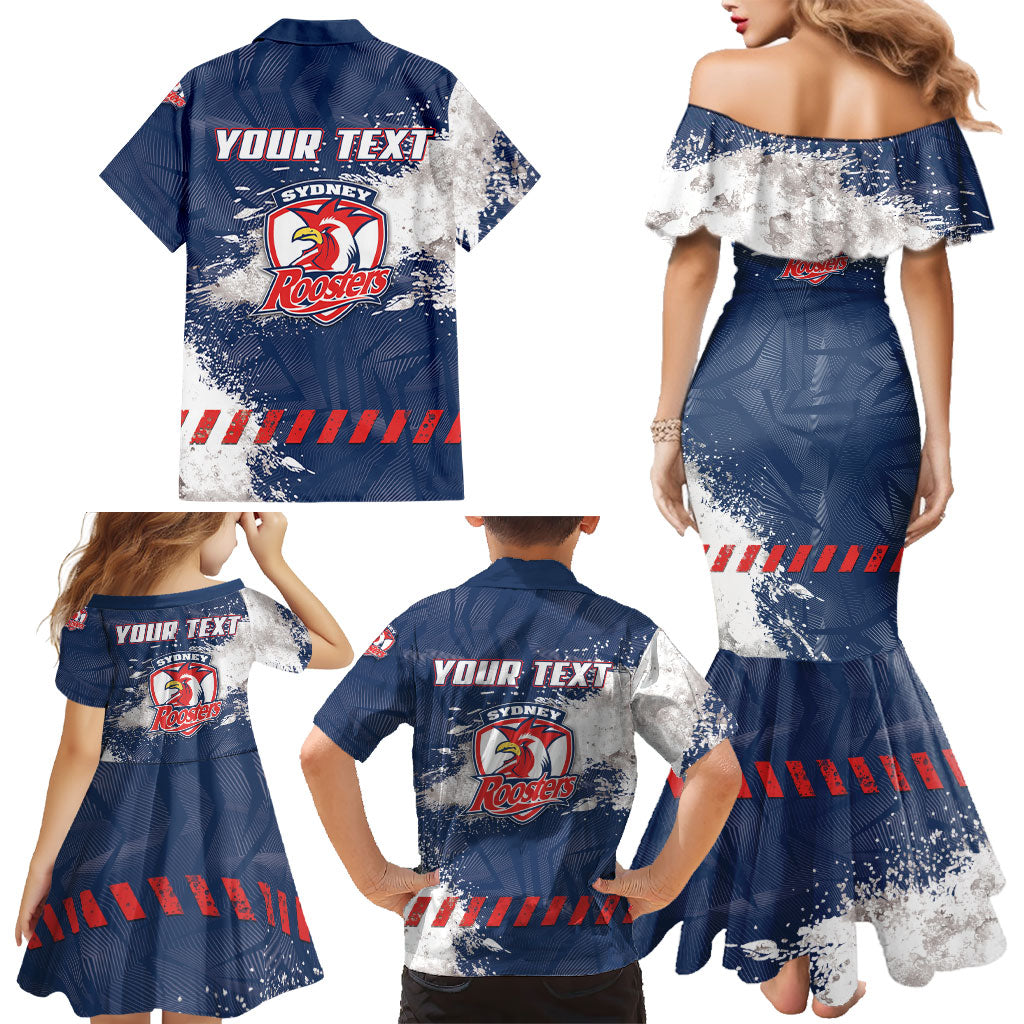 Personalized Sydney Roosters Rugby Family Matching Mermaid Dress and Hawaiian Shirt Rooster Mascot - Sporty Splash Art Style