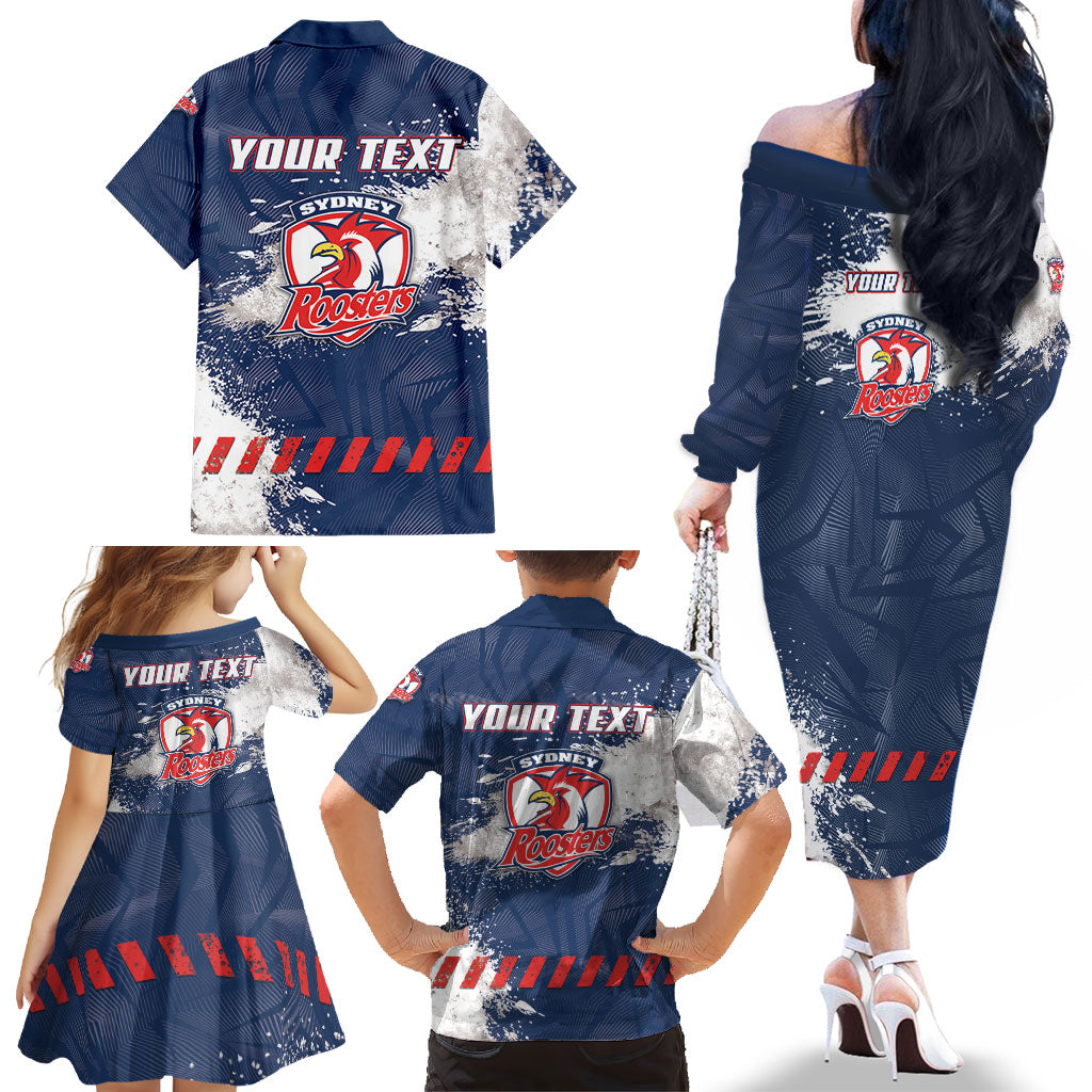 Personalized Sydney Roosters Rugby Family Matching Off The Shoulder Long Sleeve Dress and Hawaiian Shirt Rooster Mascot - Sporty Splash Art Style