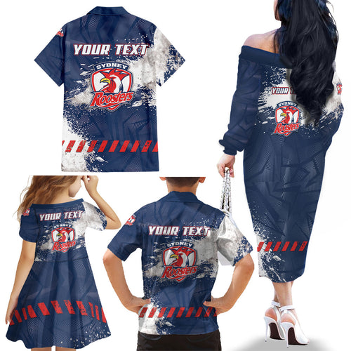 Personalized Sydney Roosters Rugby Family Matching Off The Shoulder Long Sleeve Dress and Hawaiian Shirt Rooster Mascot - Sporty Splash Art Style