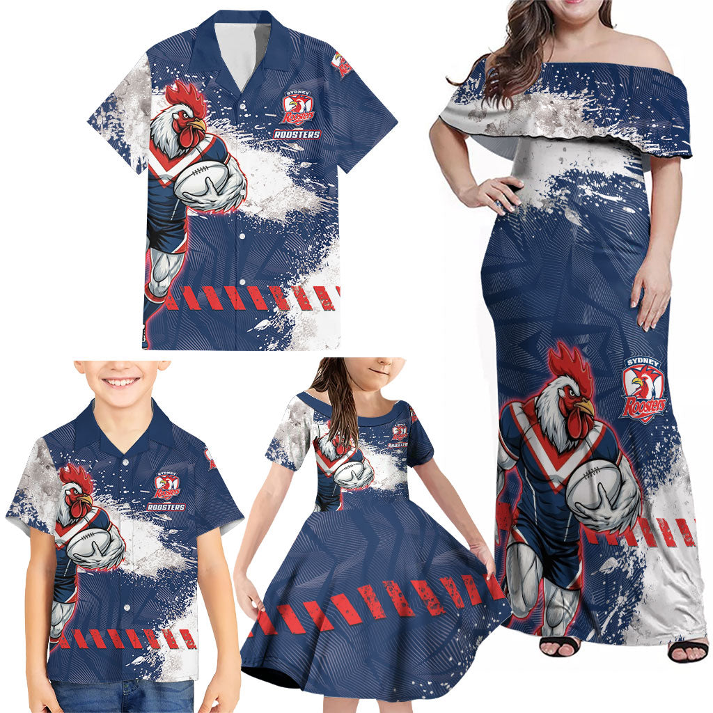 Personalized Sydney Roosters Rugby Family Matching Off Shoulder Maxi Dress and Hawaiian Shirt Rooster Mascot - Sporty Splash Art Style