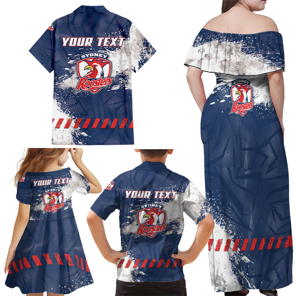 Personalized Sydney Roosters Rugby Family Matching Off Shoulder Maxi Dress and Hawaiian Shirt Rooster Mascot - Sporty Splash Art Style