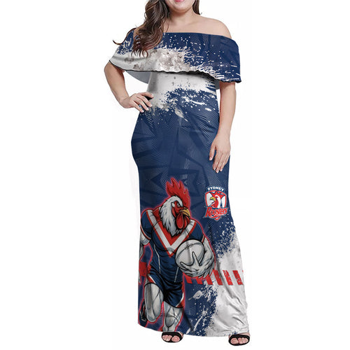 Personalized Sydney Roosters Rugby Family Matching Off Shoulder Maxi Dress and Hawaiian Shirt Rooster Mascot - Sporty Splash Art Style