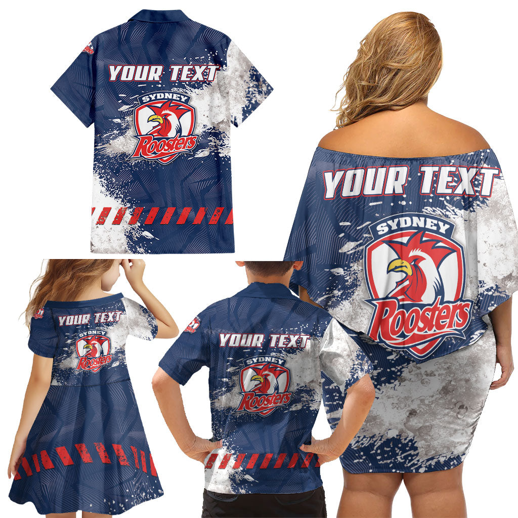 Personalized Sydney Roosters Rugby Family Matching Off Shoulder Short Dress and Hawaiian Shirt Rooster Mascot - Sporty Splash Art Style