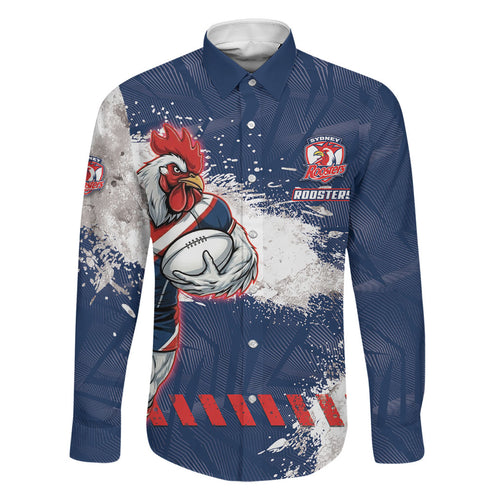 Personalized Sydney Roosters Rugby Family Matching Off Shoulder Short Dress and Hawaiian Shirt Rooster Mascot - Sporty Splash Art Style
