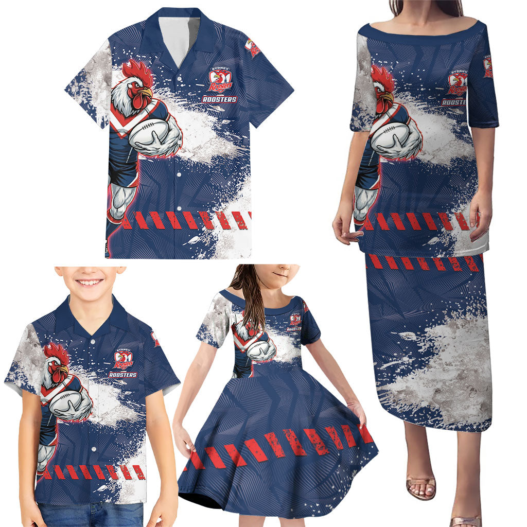 Personalized Sydney Roosters Rugby Family Matching Puletasi and Hawaiian Shirt Rooster Mascot - Sporty Splash Art Style