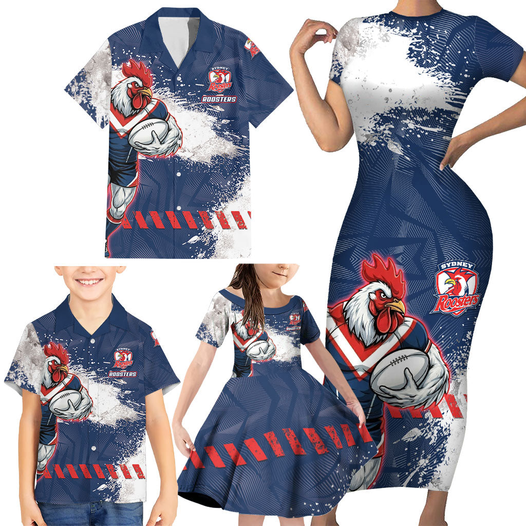 Personalized Sydney Roosters Rugby Family Matching Short Sleeve Bodycon Dress and Hawaiian Shirt Rooster Mascot - Sporty Splash Art Style