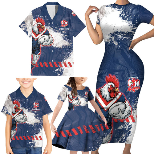 Personalized Sydney Roosters Rugby Family Matching Short Sleeve Bodycon Dress and Hawaiian Shirt Rooster Mascot - Sporty Splash Art Style