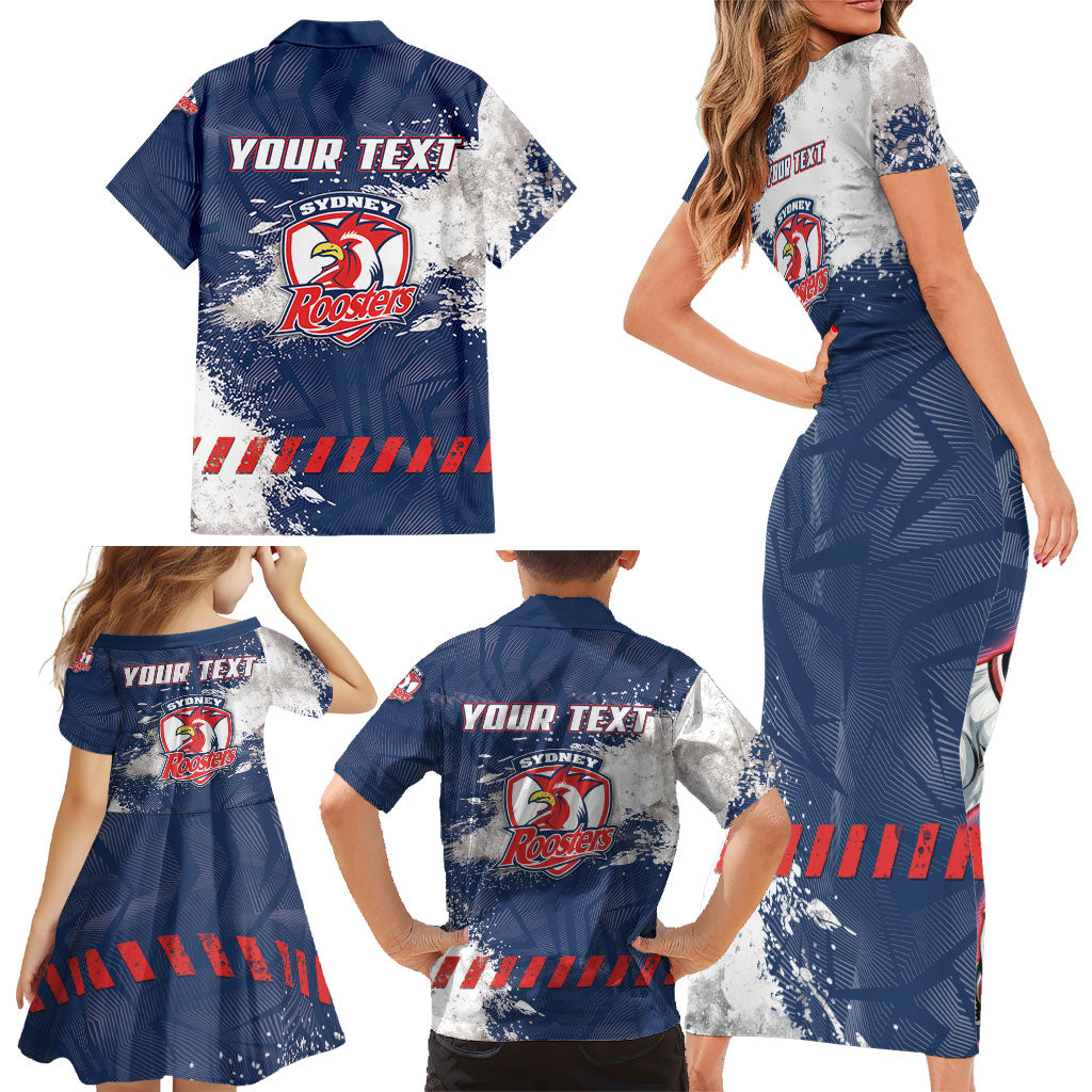 Personalized Sydney Roosters Rugby Family Matching Short Sleeve Bodycon Dress and Hawaiian Shirt Rooster Mascot - Sporty Splash Art Style