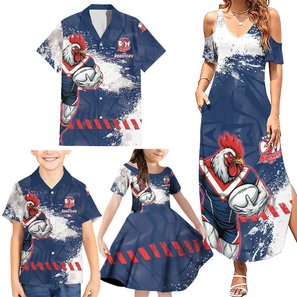 Personalized Sydney Roosters Rugby Family Matching Summer Maxi Dress and Hawaiian Shirt Rooster Mascot - Sporty Splash Art Style