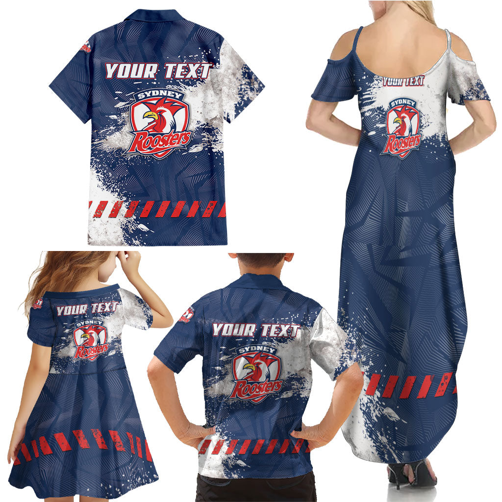 Personalized Sydney Roosters Rugby Family Matching Summer Maxi Dress and Hawaiian Shirt Rooster Mascot - Sporty Splash Art Style
