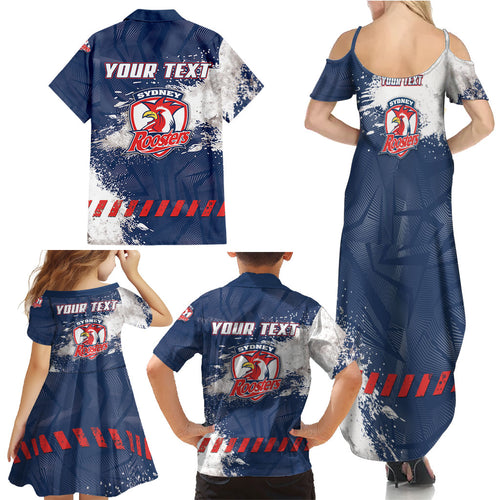 Personalized Sydney Roosters Rugby Family Matching Summer Maxi Dress and Hawaiian Shirt Rooster Mascot - Sporty Splash Art Style