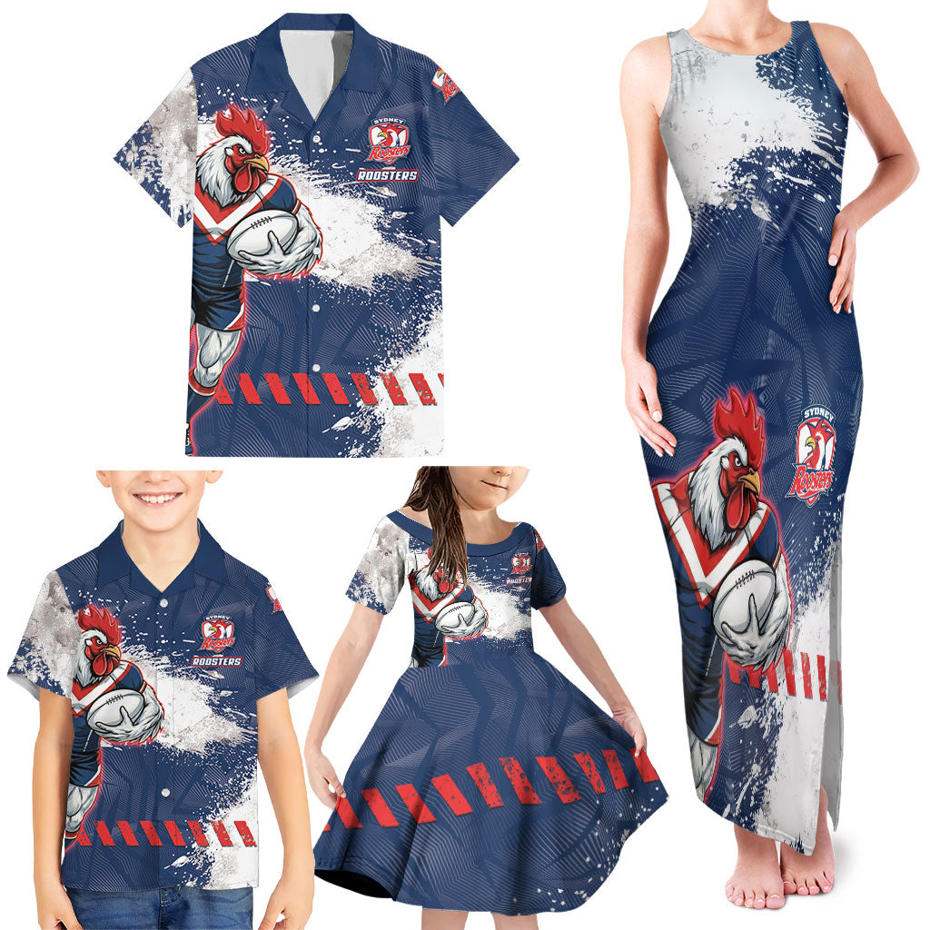 Personalized Sydney Roosters Rugby Family Matching Tank Maxi Dress and Hawaiian Shirt Rooster Mascot - Sporty Splash Art Style
