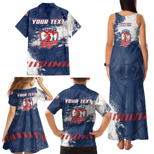 Personalized Sydney Roosters Rugby Family Matching Tank Maxi Dress and Hawaiian Shirt Rooster Mascot - Sporty Splash Art Style