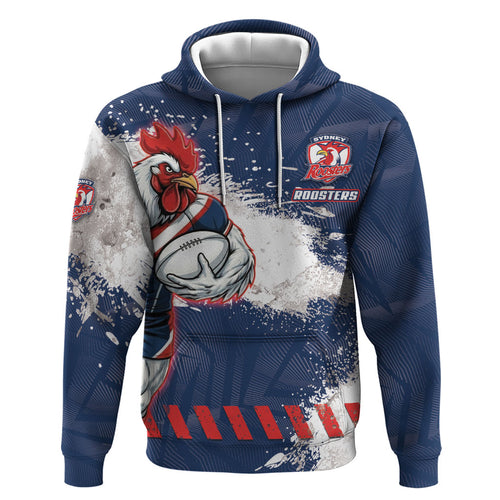 Personalized Sydney Roosters Rugby Hoodie Rooster Mascot - Sporty Splash Art Style