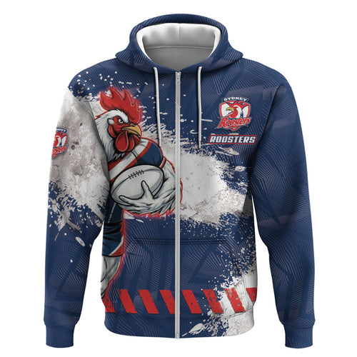 Personalized Sydney Roosters Rugby Hoodie Rooster Mascot - Sporty Splash Art Style