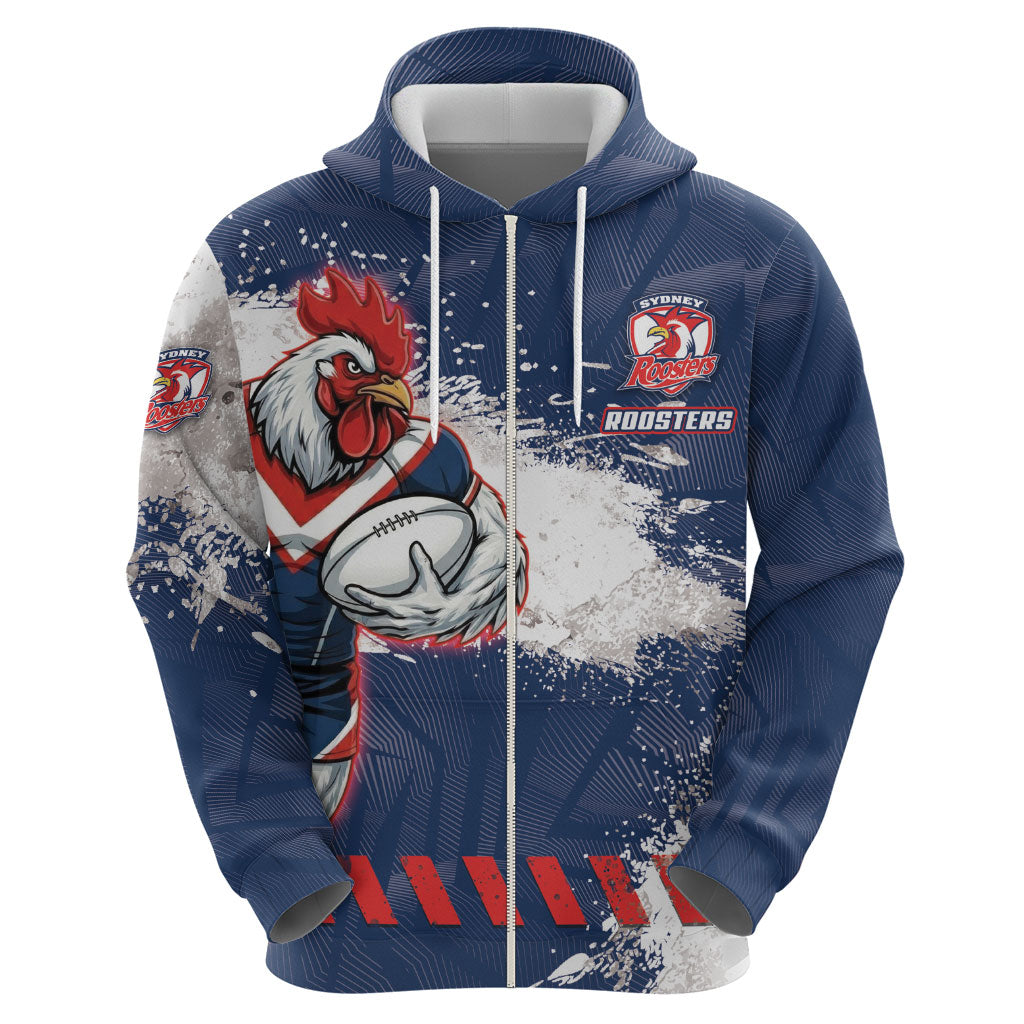 Personalized Sydney Roosters Rugby Hoodie Rooster Mascot - Sporty Splash Art Style