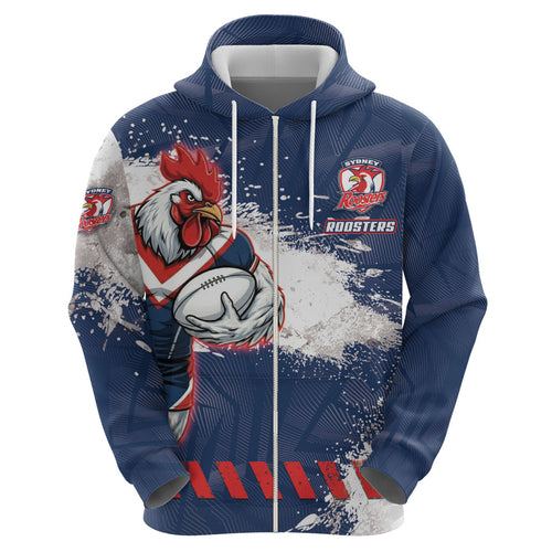 Personalized Sydney Roosters Rugby Hoodie Rooster Mascot - Sporty Splash Art Style