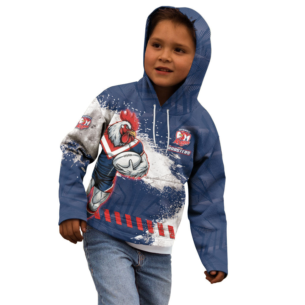 Personalized Sydney Roosters Rugby Kid Hoodie Rooster Mascot - Sporty Splash Art Style