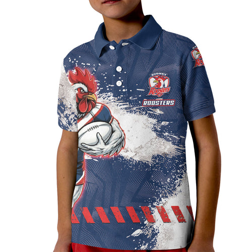 Personalized Sydney Roosters Rugby Kid Polo Shirt Rooster Mascot - Sporty Splash Art Style