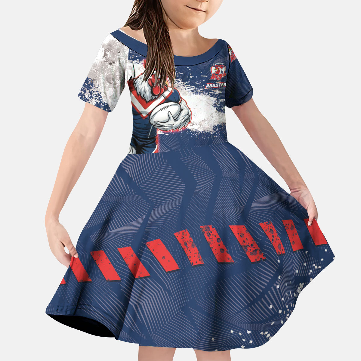 Personalized Sydney Roosters Rugby Kid Short Sleeve Dress Rooster Mascot - Sporty Splash Art Style
